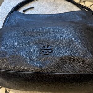 Tory Burch Taylor Logo Large Pebble Black Leather Hobo Shoulder Bag